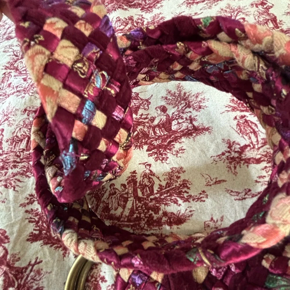 Large Upcycled Woven Boho Tapestry Textiles Belt, Dark Pinks, Double loop buckle